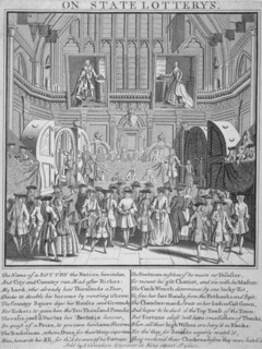 Drawing of the state lottery in the Guildhall, City of London, 1739. Artist: Anon