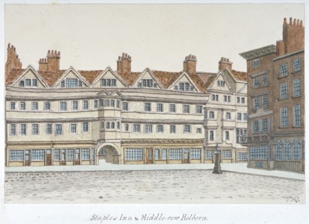 View of Staple Inn and the buildings of Middle Row in the centre of Holborn, London, 1850. Artist: Valentine Davis