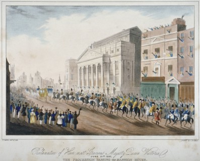 Procession passing Mansion House, City of London, 1837. Artist: E Sexton