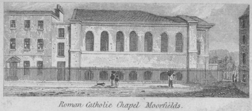 Side view of St Mary's Roman Catholic Church, Moorfields, City of London, 1825. Artist: Anon