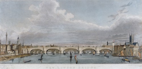 View of London Bridge from the west with boats on the River Thames, 1829. Artist: S Rogers