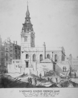 South-east view of the Church of St Michael, Crooked Lane, City of London, 1831. Artist: Anon