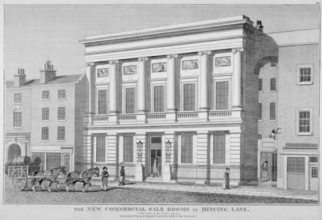 The London Commercial Sale Rooms and Mincing Lane, City of London, 1814. Artist: Anon