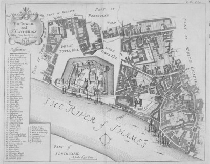 Map of the area around the Tower of London and St Katharine by the Tower, Stepney, London, 1720. Artist: Anon
