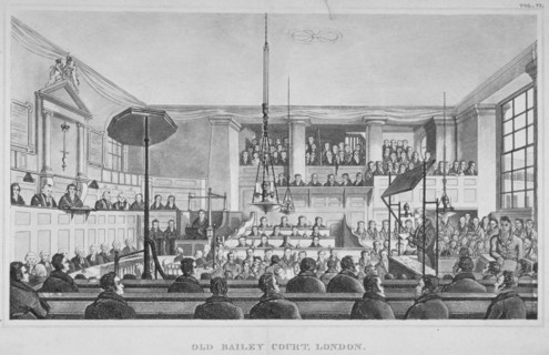 Interior view of the Sessions House, Old Bailey, City of London, 1824. Artist: Anon