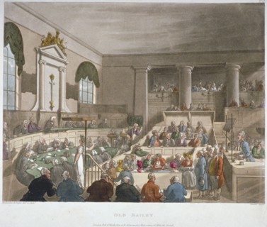Interior view of the Sessions House, Old Bailey, with a court in session, City of London, 1809. Artist: Augustus Charles Pugin