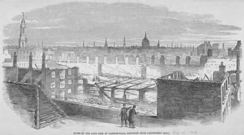 Ruins at London Wall from Carpenters' Hall as the result of a fire in 1849. Artist: Anon