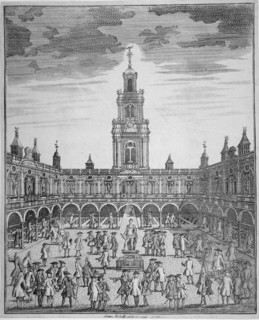 Interior view of the Royal Exchange with merchants, City of London, 1729. Artist: Sutton Nicholls
