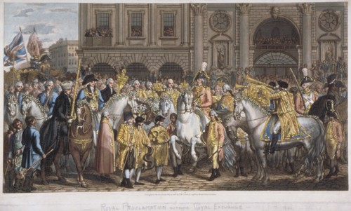 Herald reading the proclamation of peace outside the Royal Exchange, London 29 April, 1802. Artist: Anon