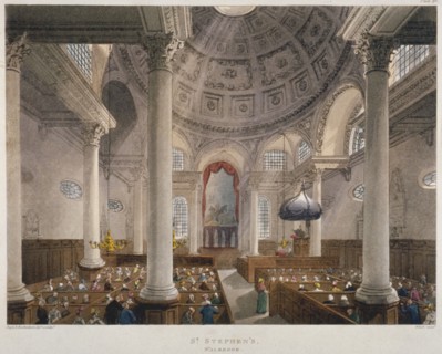Interior of the Church of St Stephen Walbrook during a service, City of London, 1809. Artist: Augustus Charles Pugin