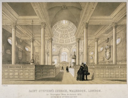 Interior view looking east, Church of St Stephen Walbrook, City of London, 1851. Artist: J Graf