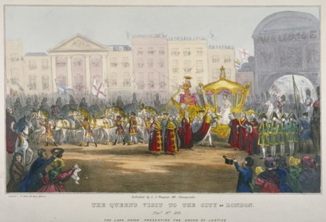 View of Temple Bar during Queen Victoria's visit to the City of London in 1837. Artist: W Clerk