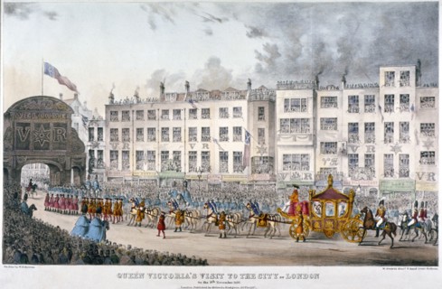 View of Temple Bar during Queen Victoria's visit to the City of London in 1837. Artist: Smart, W