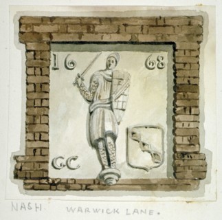 Effigy of Guy, Earl of Warwick, on the wall of a house in Warwick Lane, City of London, c1820. Artist: Frederick Nash