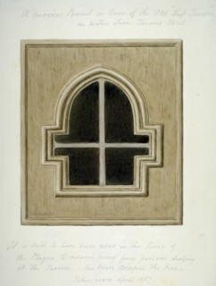 Panel in the door of the Ship Tavern, Water Lane, City of London, 1857. Artist: Thomas Hosmer Shepherd