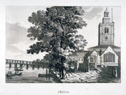 View of Chelsea Old Church with the River Thames on the left, London, c1800. Artist: Anon