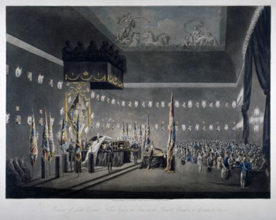 Lord Nelson lying in state in the painted chamber at Greenwich Hospital, London, 1806. Artist: M Merigot