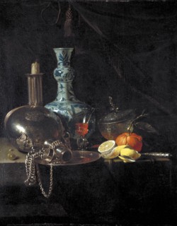 'Still life with a pilgrim flask, candlestick, porcelain vase and fruit', 17th century. Artist: Willem Kalf