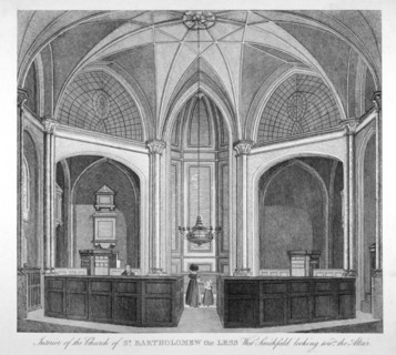 Interior of the Church of St Bartholomew-the-Less looking towards the altar, City of London, 1834. Artist: Anon
