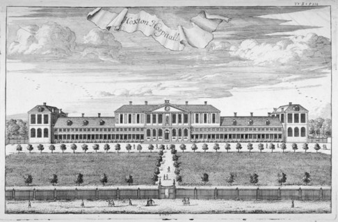 Almshouses in Pitfield Street, Shoreditch, London, c1720. Artist: Johannes Kip