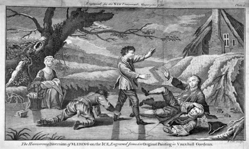 'The Humorous Diversion of Sliding on the Ice', c1745. Artist: Benjamin Cole