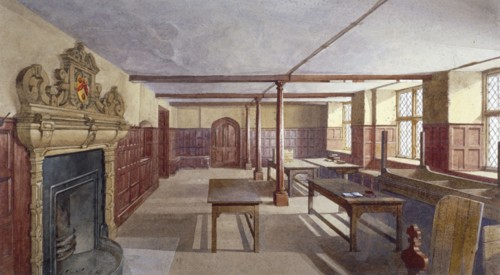 Interior view of the boys' dining room in Charterhouse, London, 1885. Artist: John Crowther