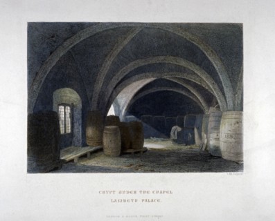 Crypt filled with barrrels under the chapel at Lambeth Palace, London, 1851. Artist: John Wykeham Archer
