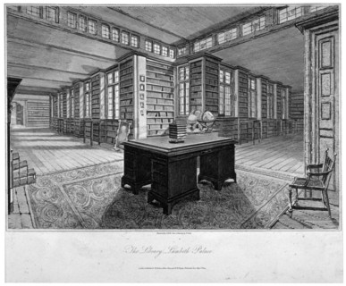 Interior view of the library at Lambeth Palace, with a desk in the foreground, 1805. Artist: John Roffe