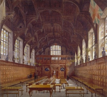 Interior view of Middle Temple Hall from the high table with figures, London, 1884. Artist: John Crowther
