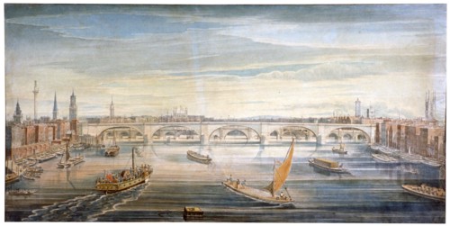 View of the new London Bridge from the west, with boats and barges on the Thames, 1831. Artist: G Yates