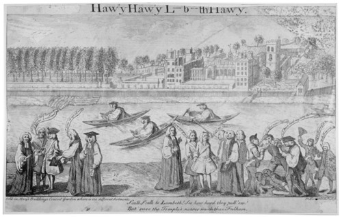 Bishops rowing on the River Thames, London, 1747. Artist: M Bavavinet