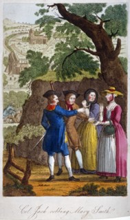 Colonel Jack, the highwayman, robbing Mary Smith on her way to Kentish Town, London, c1750. Artist: Anon