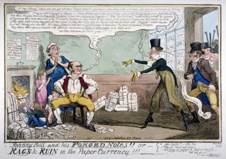 Johnny Bull and his forged notes!!!', 1819. Artist: George Cruikshank