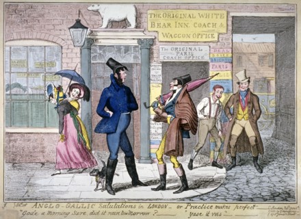 Anglo-Gallic salutations in London, or, practice makes perfect', 1822. Artist: George Cruikshank