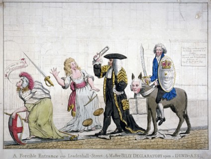 'A forcible entrance into Leadenhall-Street; by Master Billy Declaratory upon a Dun'd-ass', 1788. Artist: Anon