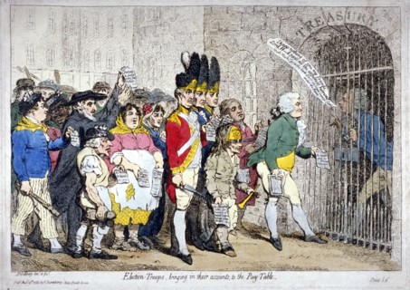 Election-troops, bringing in their accounts, to the pay-table', 1788. Artist: James Gillray