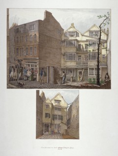 Two views of 17th century houses in Little Bell Alley, City of London, 1818. Artist: Robert Blemmell Schnebbelie