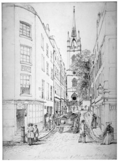 Church of St Dunstan in the East and St Dunstan's Hill from Lower Thames Street, London, 1827. Artist: Edward William Cooke