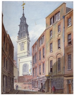 Church of St Michael, Crooked Lane and part of Crooked Lane, City of London, c1815. Artist: John Coney