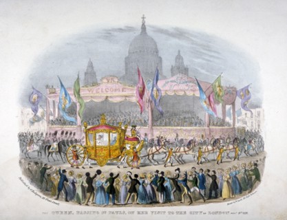 Royal coach passing St Paul's Cathedral, City of London, 1837. Artist: Anon