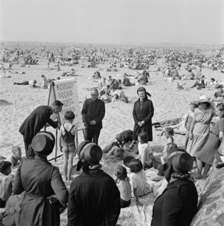 The Salvation Army runs a children's beach mission on the sand, Blackpool, c1946-c1955