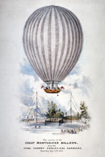 Hot air balloon ascending over Surrey Zoological Gardens, Southwark, London, 1838. Artist: Anon