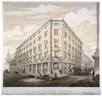 Messrs J&R Morley's warehouses, corner of Wood Street and Gresham Street, London, c1840. Artist: Martin & Hood