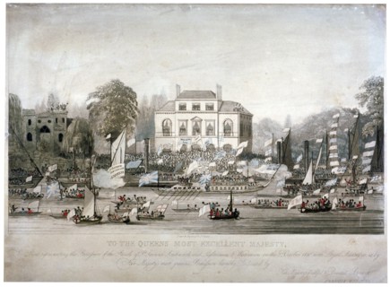 Scene on the Thames at Brandenburgh House, Hammersmith, London, 1820. Artist: F Vincent