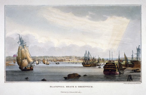 View of water vessels on the River Thames showing Blackwall and Greenwich, London, 1821. Artist: WH Timms