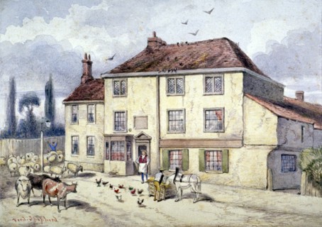 View of the old Pied Bull Inn, Islington, London, c1840. Artist: Frederick Napoleon Shepherd