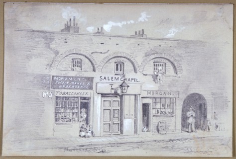 View of Salem Chapel and a tobacconists in Fitzroy Square, London, 1853. Artist: Anon