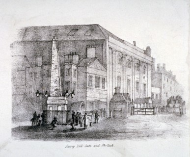 Toll gate and obelisk at St George's Circus, Southwark, London, c1830. Artist: Anon