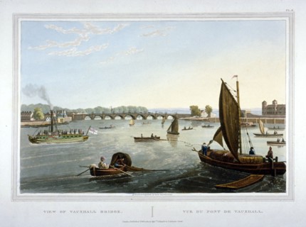 Water craft on the River Thames with Vauxhall Bridge in the distance, London, 1821. Artist: Robert Havell