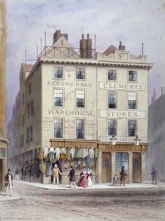 Clement's Stores at the junction of Holywell Street and Wych Street, Westminster, London, 1855. Artist: Thomas Hosmer Shepherd